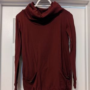 Cowl neck tunic length sweater